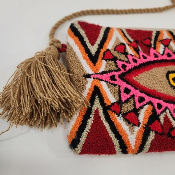 Wayuu Third Eye Clutch Bag Purse Tassels Deep Red Beige Handmade Colombia - Picture 7 of 13